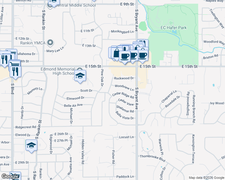 map of restaurants, bars, coffee shops, grocery stores, and more near 1708 Westwood Lane in Edmond
