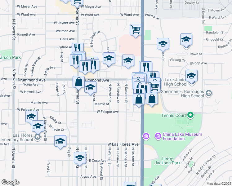 map of restaurants, bars, coffee shops, grocery stores, and more near 801 North Fairview Street in Ridgecrest