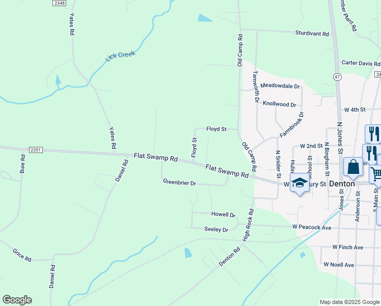 map of restaurants, bars, coffee shops, grocery stores, and more near 101 Floyd Street in Denton
