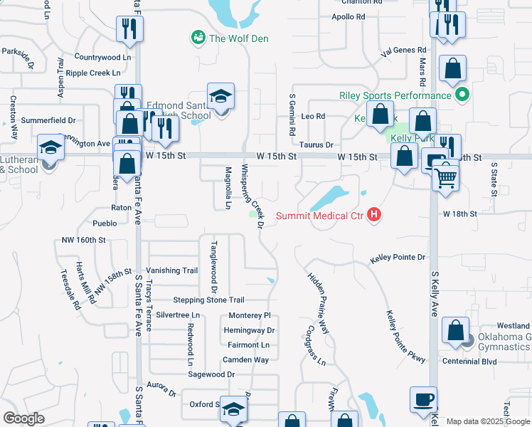 map of restaurants, bars, coffee shops, grocery stores, and more near 1804 Whispering Creek Drive in Edmond
