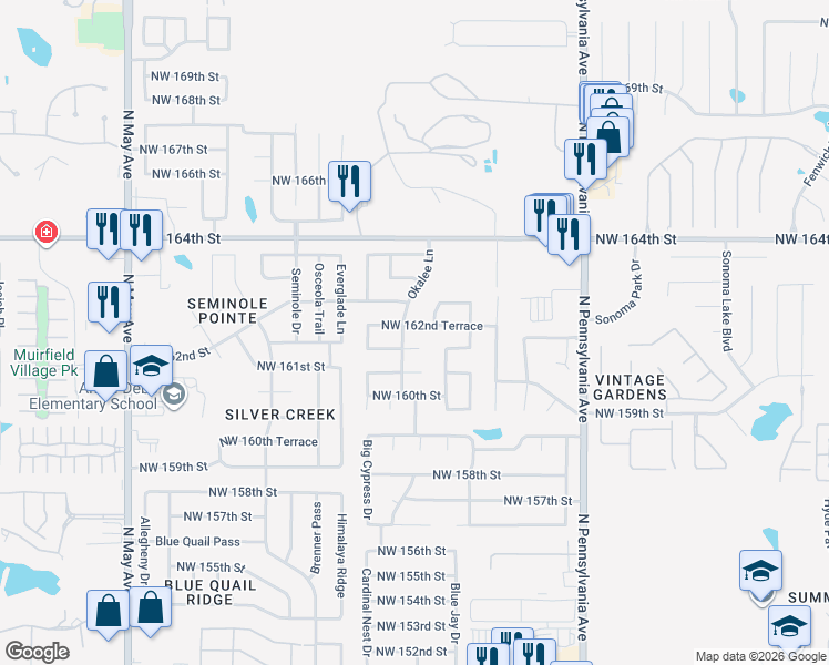 map of restaurants, bars, coffee shops, grocery stores, and more near 2324 Northwest 162nd Terrace in Edmond