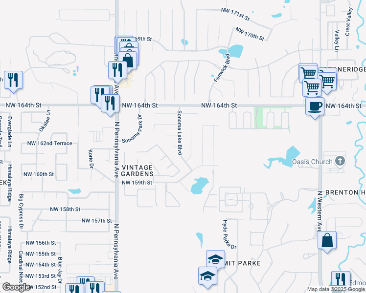 map of restaurants, bars, coffee shops, grocery stores, and more near 16124 Sonoma Lake Boulevard in Edmond