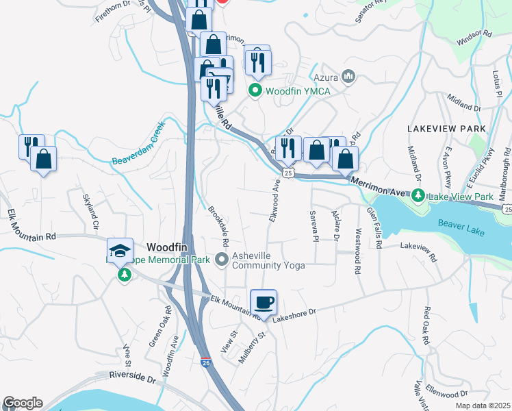 map of restaurants, bars, coffee shops, grocery stores, and more near 115 North Ridge Drive in Woodfin