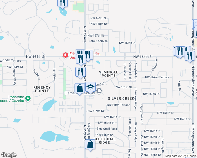 map of restaurants, bars, coffee shops, grocery stores, and more near 2808 Northwest 163rd Street in Edmond
