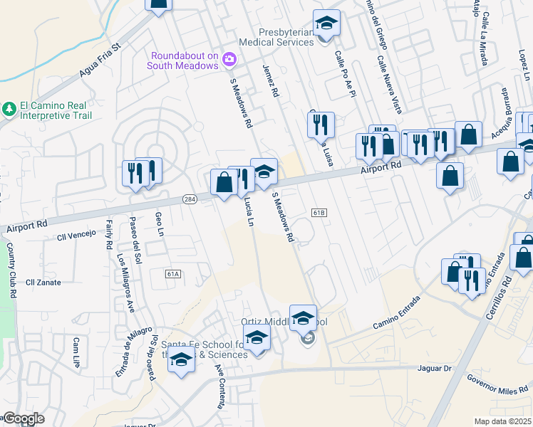 map of restaurants, bars, coffee shops, grocery stores, and more near 501 Airport Road in Santa Fe