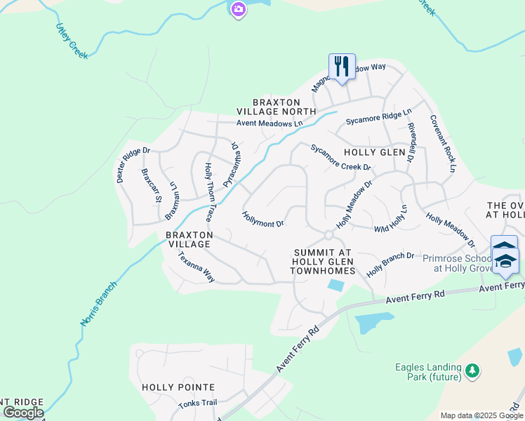 map of restaurants, bars, coffee shops, grocery stores, and more near 145 Roslin Way in Holly Springs