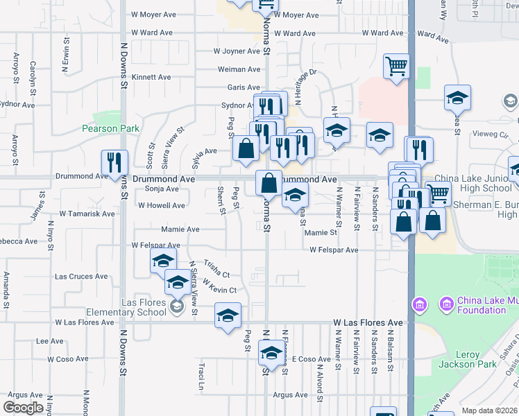 map of restaurants, bars, coffee shops, grocery stores, and more near 831 North Norma Street in Ridgecrest
