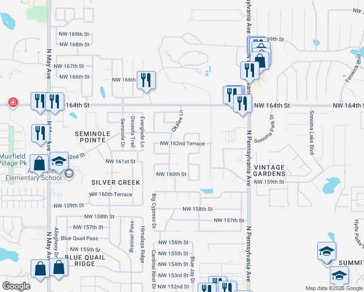 map of restaurants, bars, coffee shops, grocery stores, and more near 2324 Northwest 162nd Terrace in Edmond