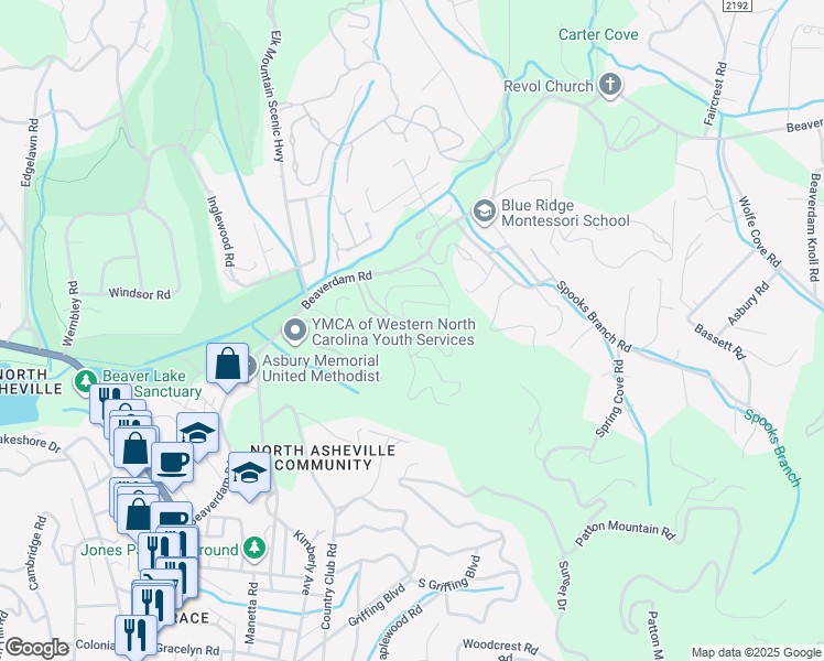 map of restaurants, bars, coffee shops, grocery stores, and more near 2202 Timber Place in Asheville