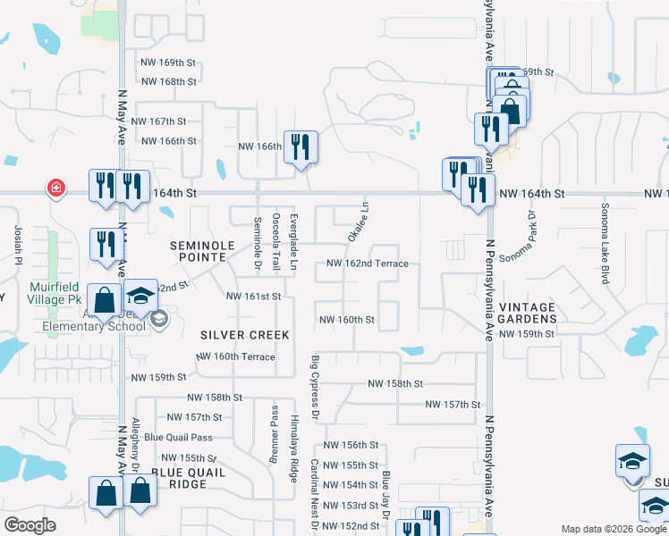 map of restaurants, bars, coffee shops, grocery stores, and more near 2404 Northwest 162nd Terrace in Edmond
