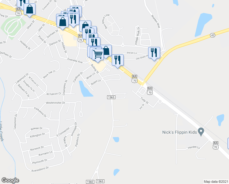 map of restaurants, bars, coffee shops, grocery stores, and more near 55 Beechleaf Court in Clayton