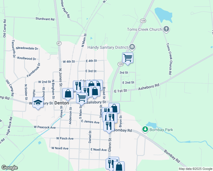 map of restaurants, bars, coffee shops, grocery stores, and more near East 2nd Street in Denton