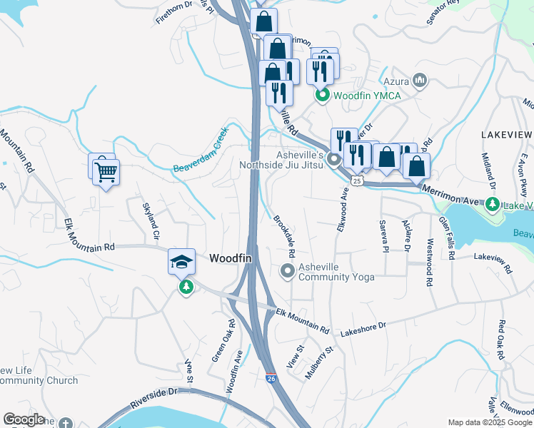 map of restaurants, bars, coffee shops, grocery stores, and more near 60 Brookdale Road in Woodfin