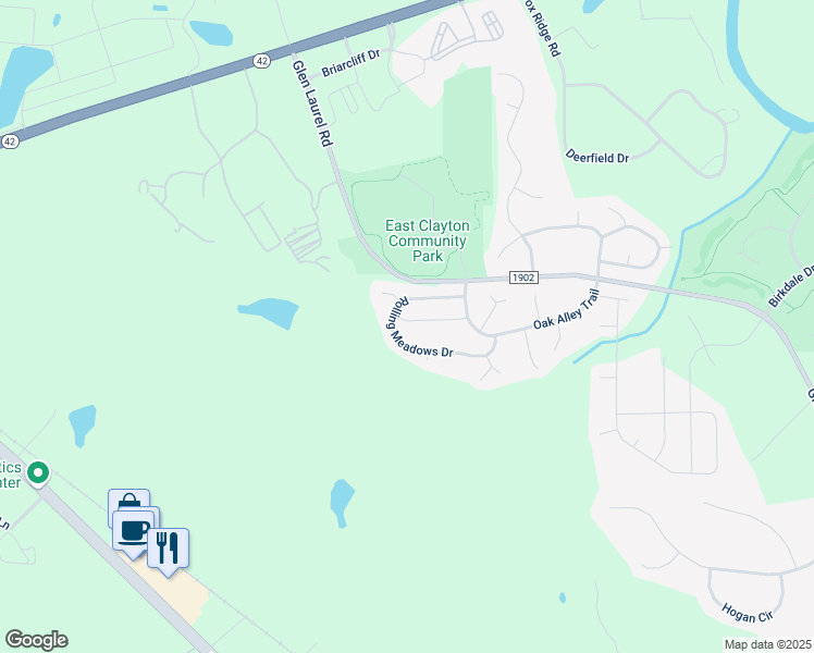 map of restaurants, bars, coffee shops, grocery stores, and more near 147 Green Willow Drive in Clayton