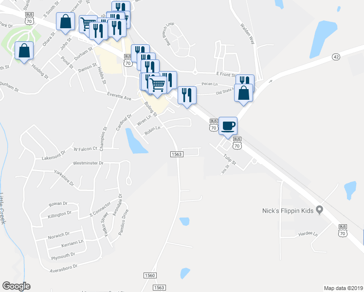 map of restaurants, bars, coffee shops, grocery stores, and more near 55 Beechleaf Court in Clayton