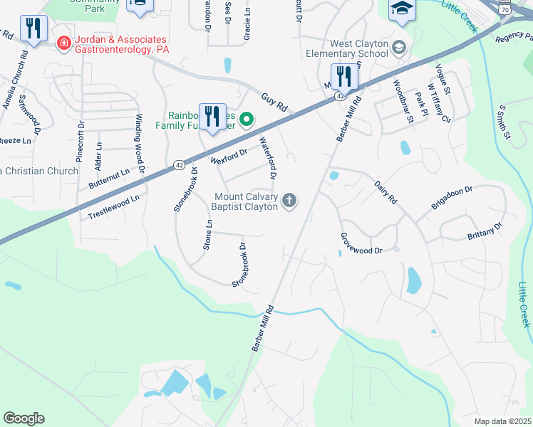 map of restaurants, bars, coffee shops, grocery stores, and more near 104 Kildare Court in Clayton