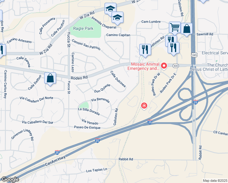 map of restaurants, bars, coffee shops, grocery stores, and more near 2828 Don Quixote in Santa Fe
