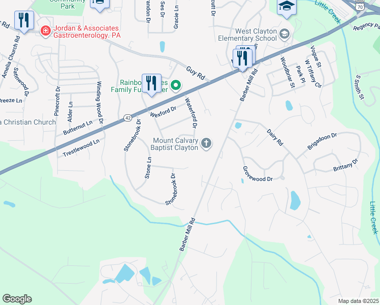 map of restaurants, bars, coffee shops, grocery stores, and more near 104 Kildare Court in Clayton