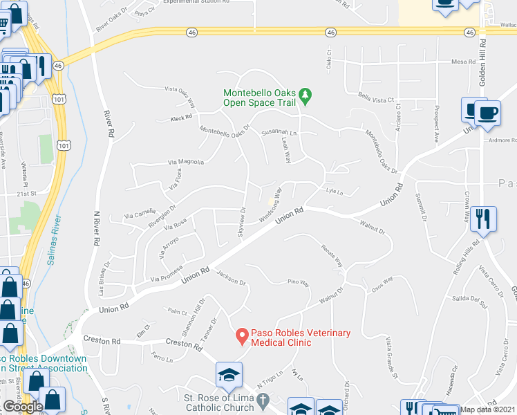 map of restaurants, bars, coffee shops, grocery stores, and more near 1218 Mariah Lane in Paso Robles