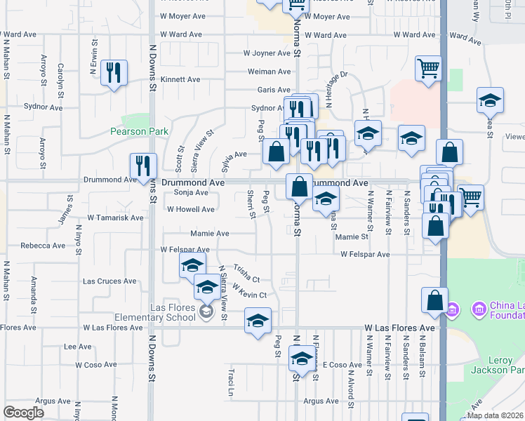 map of restaurants, bars, coffee shops, grocery stores, and more near 807 Peg Street in Ridgecrest