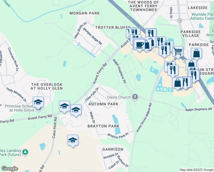 map of restaurants, bars, coffee shops, grocery stores, and more near 635 Cline Falls Drive in Holly Springs