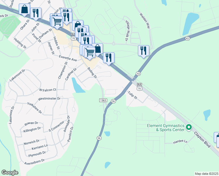 map of restaurants, bars, coffee shops, grocery stores, and more near 97 Beechleaf Court in Clayton