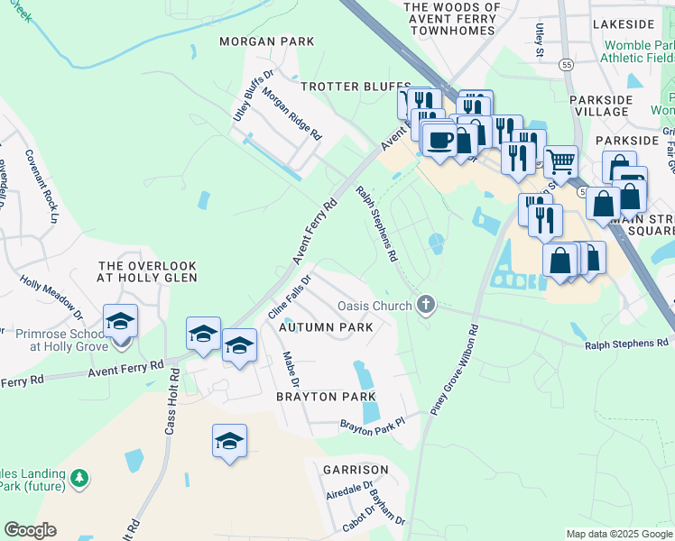map of restaurants, bars, coffee shops, grocery stores, and more near 635 Cline Falls Drive in Holly Springs