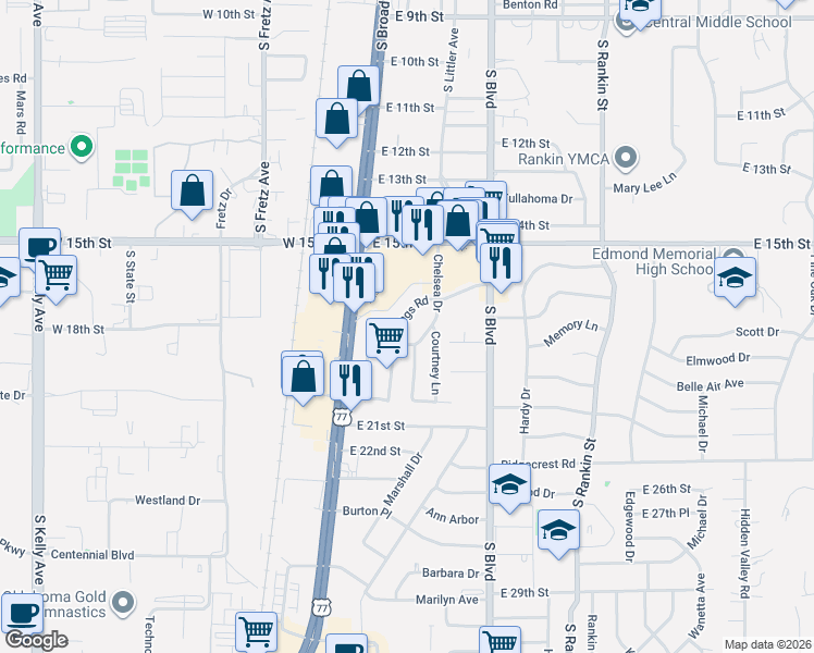 map of restaurants, bars, coffee shops, grocery stores, and more near 1730 Kings Road in Edmond