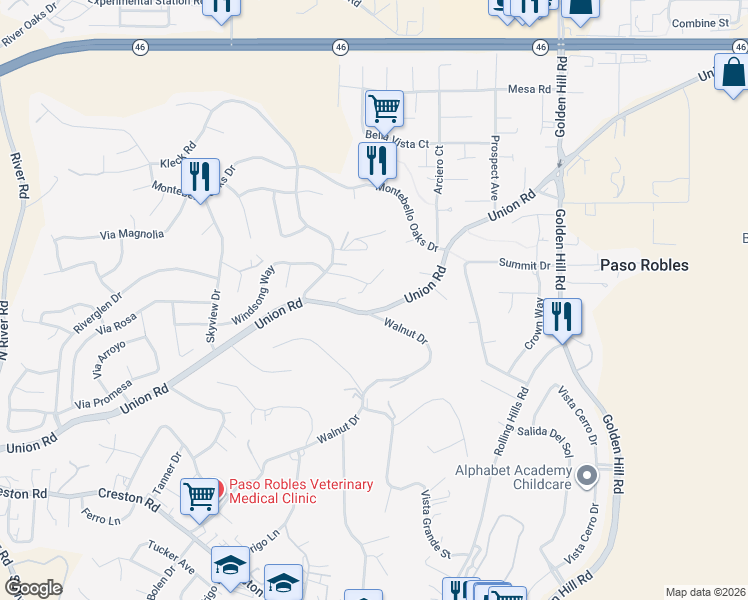 map of restaurants, bars, coffee shops, grocery stores, and more near 1555 Lyle Lane in Paso Robles