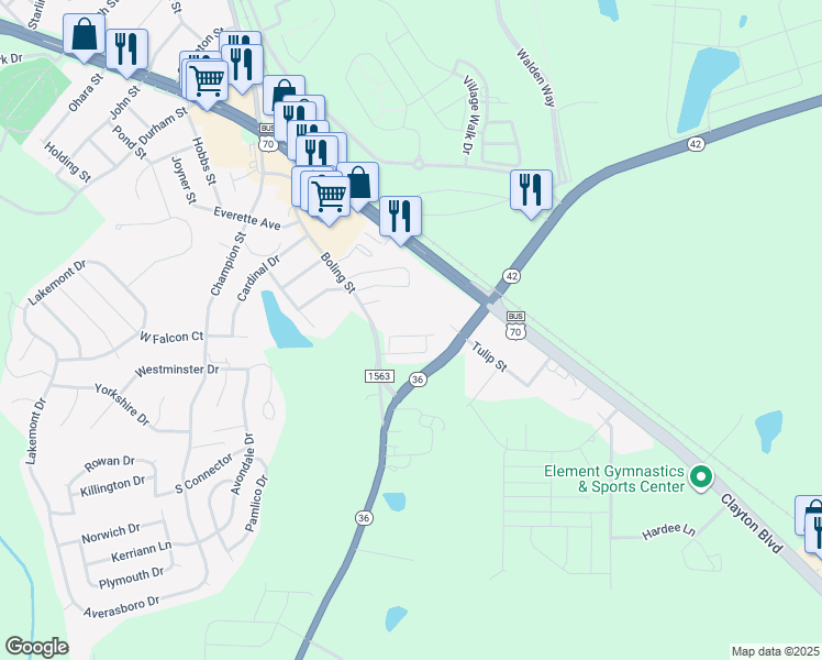 map of restaurants, bars, coffee shops, grocery stores, and more near 97 Beechleaf Court in Clayton