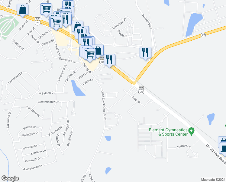 map of restaurants, bars, coffee shops, grocery stores, and more near 119 Beechleaf Court in Clayton