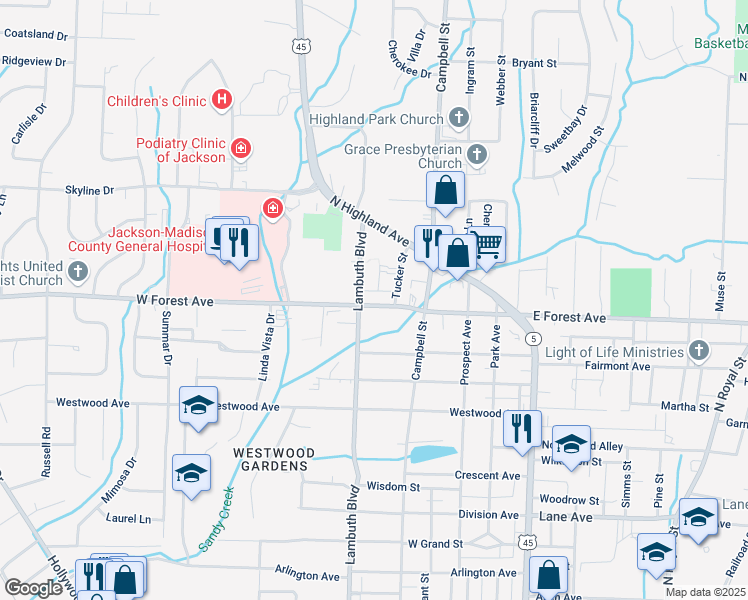 map of restaurants, bars, coffee shops, grocery stores, and more near 435 West Forest Avenue in Jackson