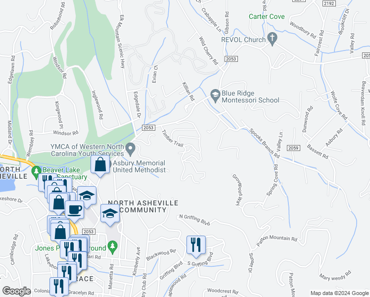 map of restaurants, bars, coffee shops, grocery stores, and more near 2202 Timber Place in Asheville