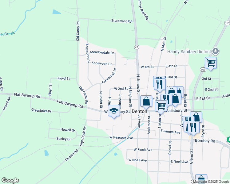 map of restaurants, bars, coffee shops, grocery stores, and more near 332 West 1st Street in Denton