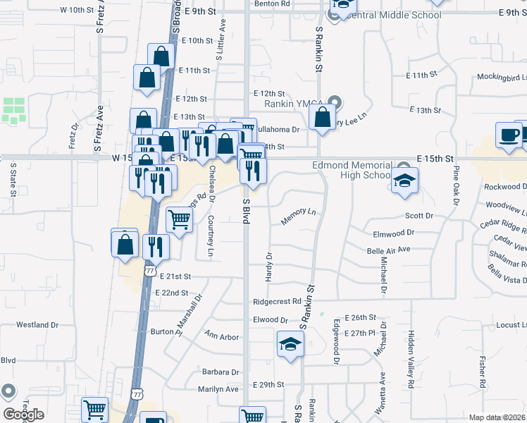 map of restaurants, bars, coffee shops, grocery stores, and more near 1704 South Boulevard in Edmond