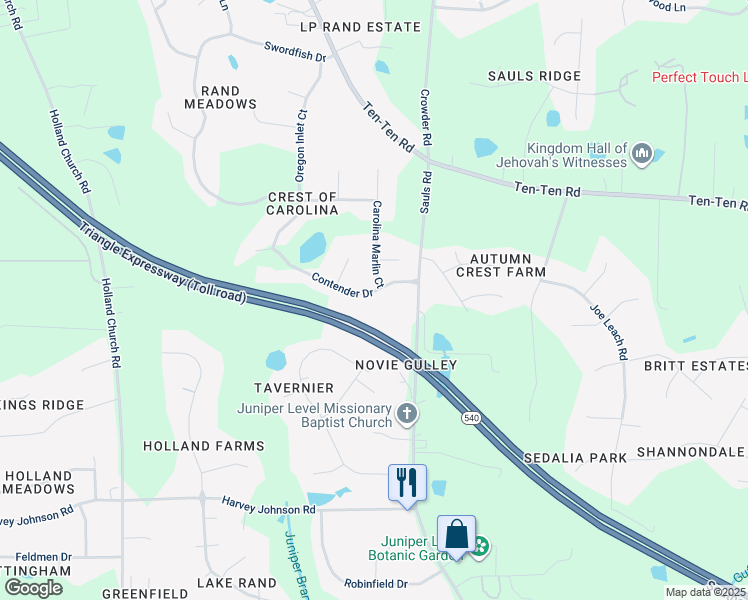 map of restaurants, bars, coffee shops, grocery stores, and more near 5020 Contender Drive in Raleigh