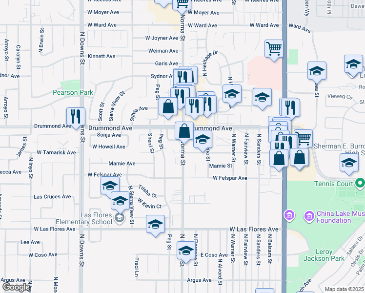 map of restaurants, bars, coffee shops, grocery stores, and more near 801 North Norma Street in Ridgecrest