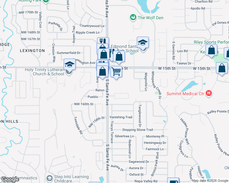 map of restaurants, bars, coffee shops, grocery stores, and more near 2225 Camino Del Plaza Lane in Edmond
