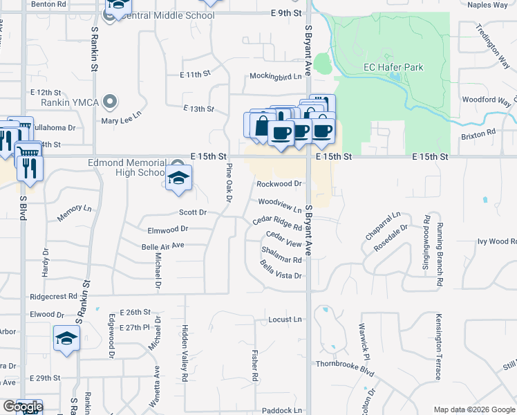 map of restaurants, bars, coffee shops, grocery stores, and more near 1708 Westwood Lane in Edmond