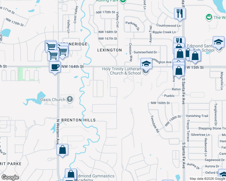 map of restaurants, bars, coffee shops, grocery stores, and more near 528 Northwest 164th Street in Edmond