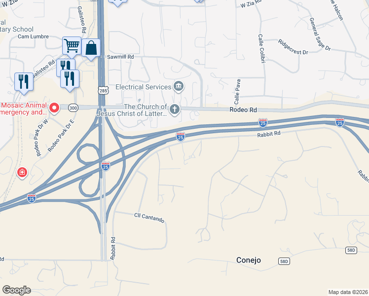 map of restaurants, bars, coffee shops, grocery stores, and more near 112 Rabbit Road in Santa Fe
