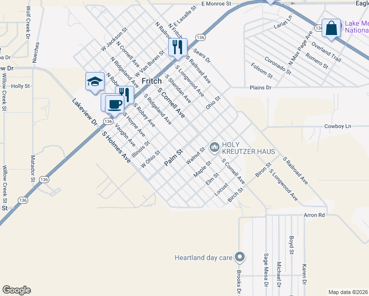 map of restaurants, bars, coffee shops, grocery stores, and more near Palm Street in Fritch