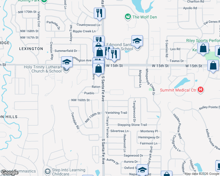 map of restaurants, bars, coffee shops, grocery stores, and more near 2225 Camino Del Plaza Lane in Edmond