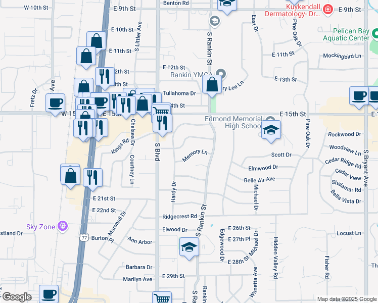 map of restaurants, bars, coffee shops, grocery stores, and more near 313 Memory Lane in Edmond