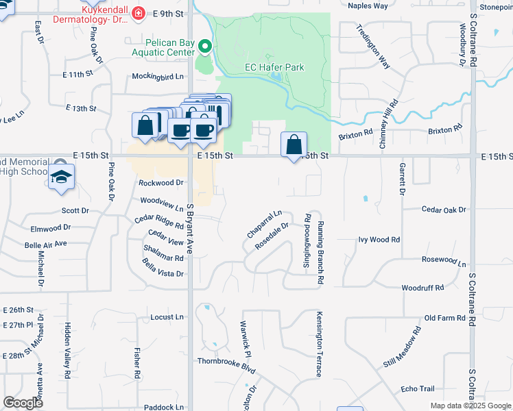 map of restaurants, bars, coffee shops, grocery stores, and more near 1802 Canyon Park Circle in Edmond