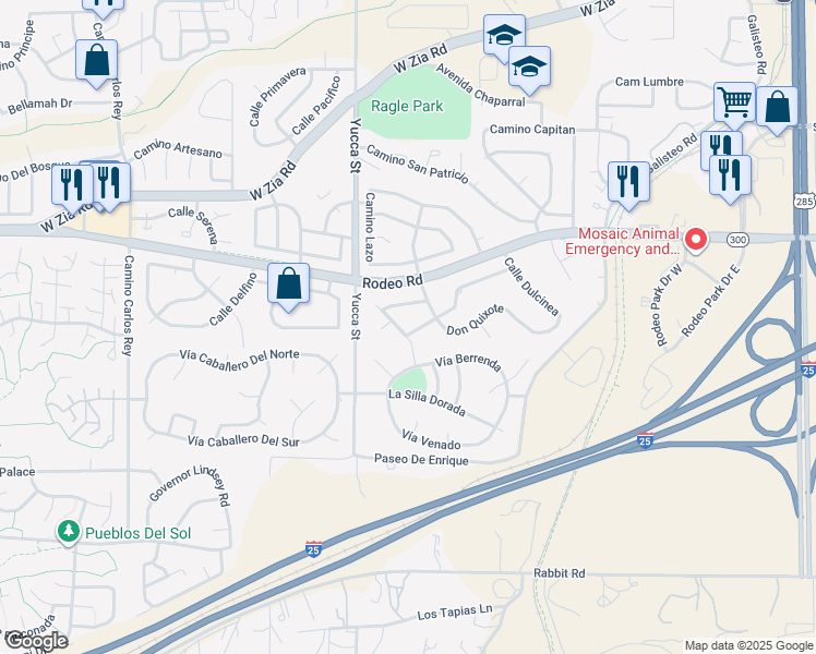 map of restaurants, bars, coffee shops, grocery stores, and more near 2505 Camino De Vida in Santa Fe