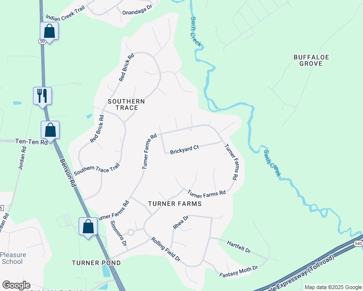 map of restaurants, bars, coffee shops, grocery stores, and more near 5533 Brickyard Court in Garner