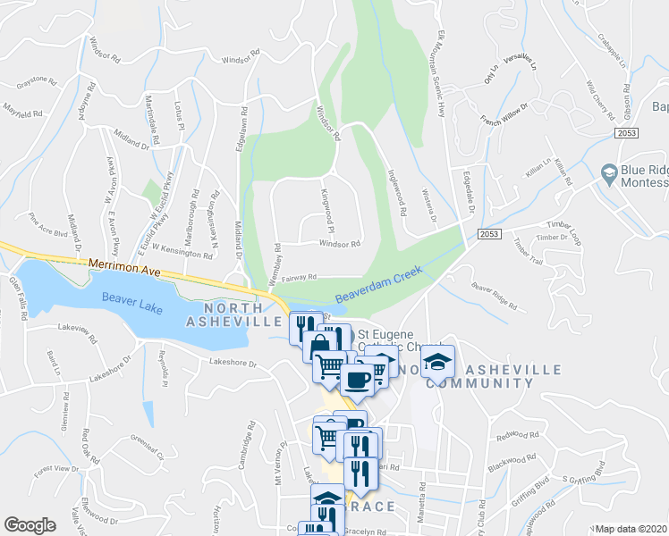 map of restaurants, bars, coffee shops, grocery stores, and more near 66 Fairway Road in Asheville