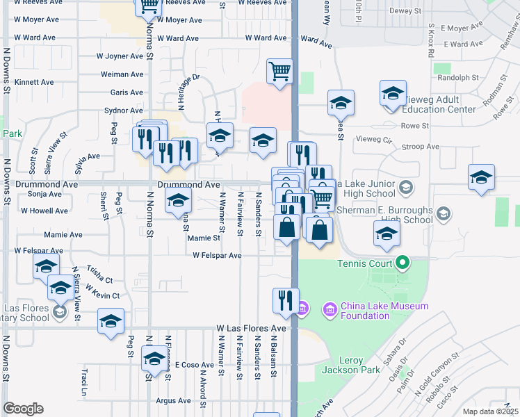 map of restaurants, bars, coffee shops, grocery stores, and more near 800 North Sanders Street in Ridgecrest