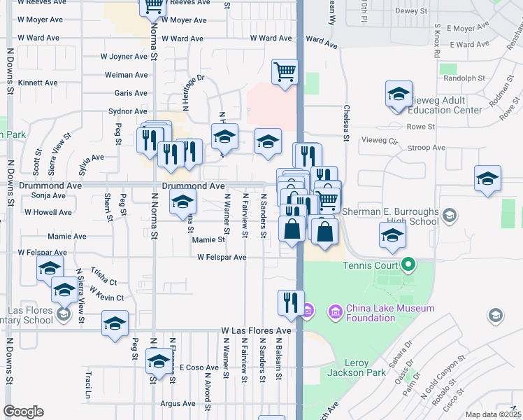 map of restaurants, bars, coffee shops, grocery stores, and more near 800 North Sanders Street in Ridgecrest